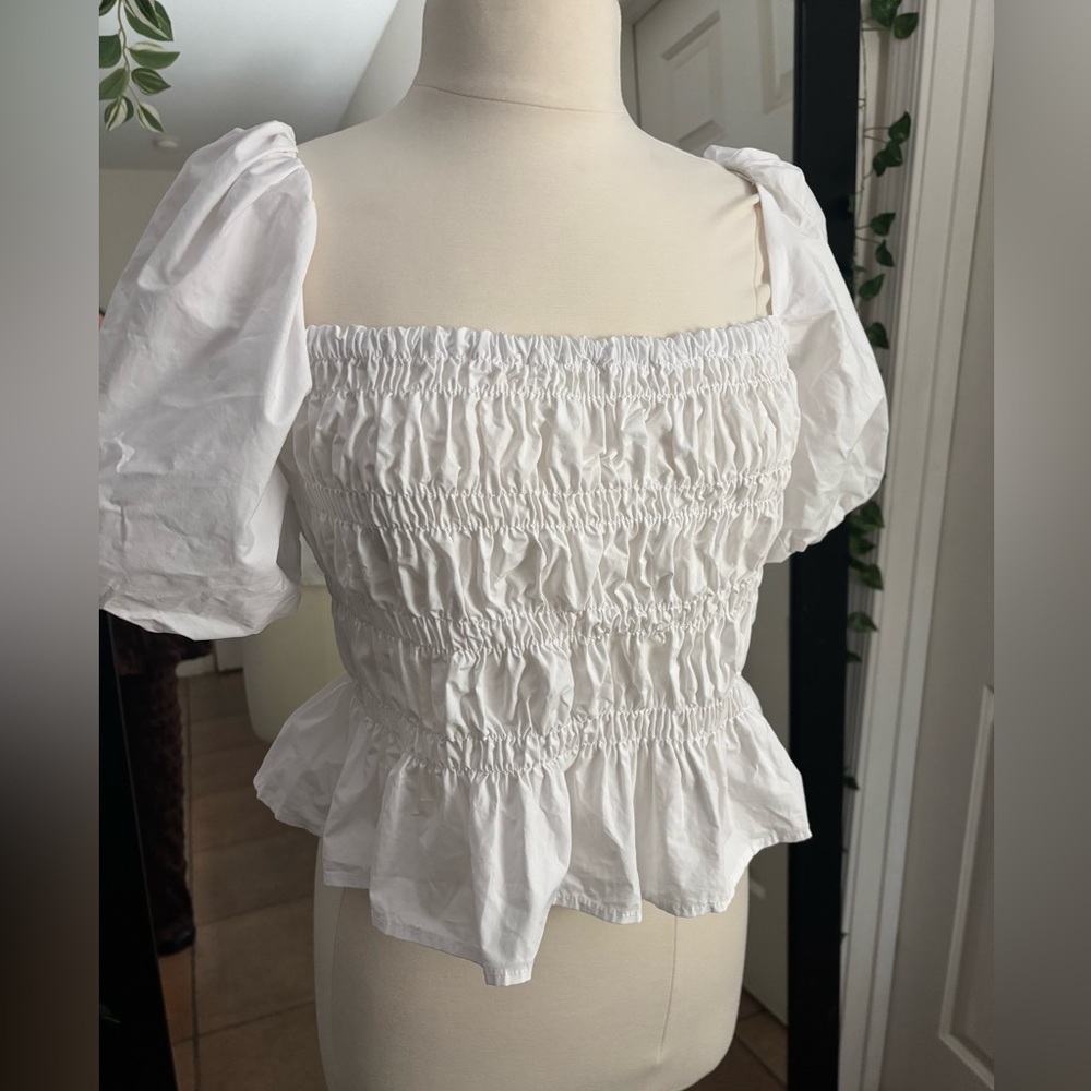 Astr White Smocked Blouse with Puff Sleeves